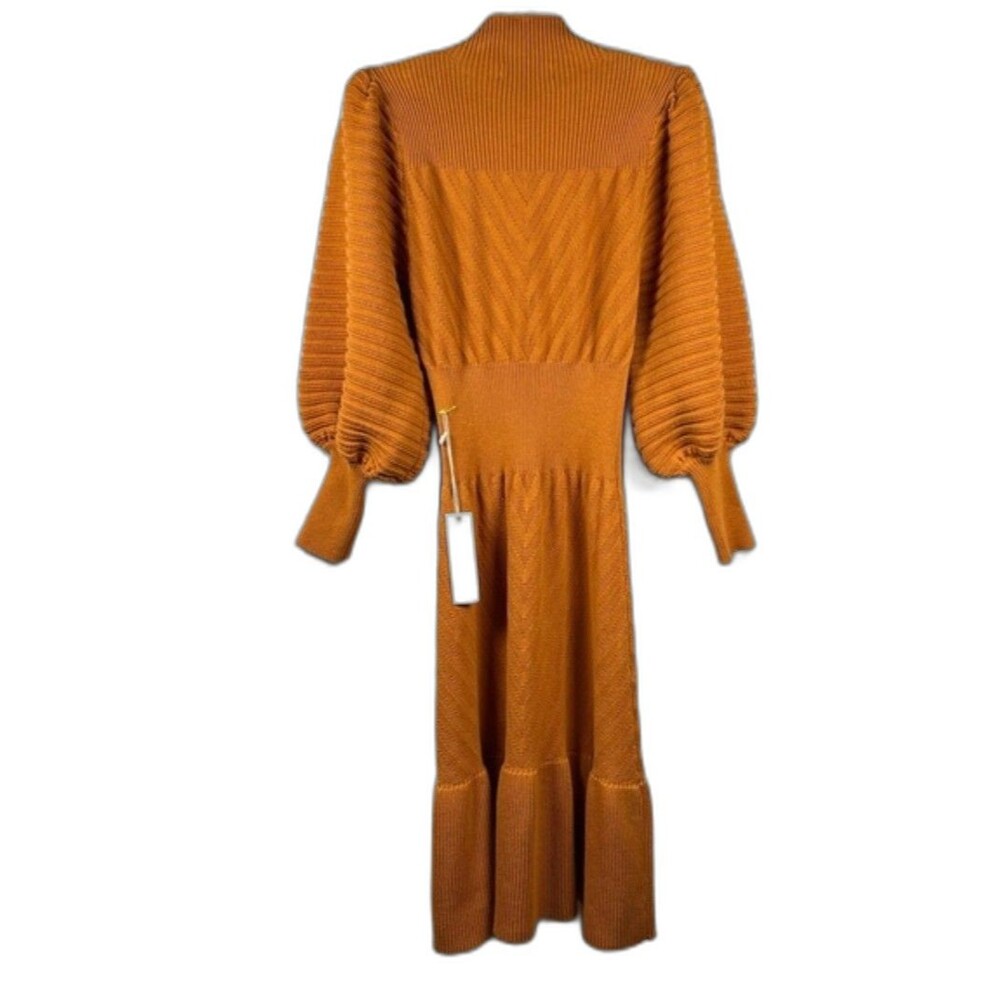New Happy Nature Kate Hudson Mustard Knit Midi Sweater Dress Puff Sleeve Size M